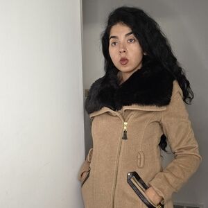 Women's Tan Coat with Black Fur Collar